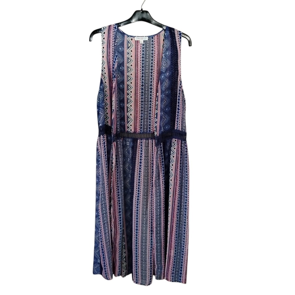 Love Fire Geometric Tribal Print Crochet Trim Open Front Kimono Vest Blue Pink L